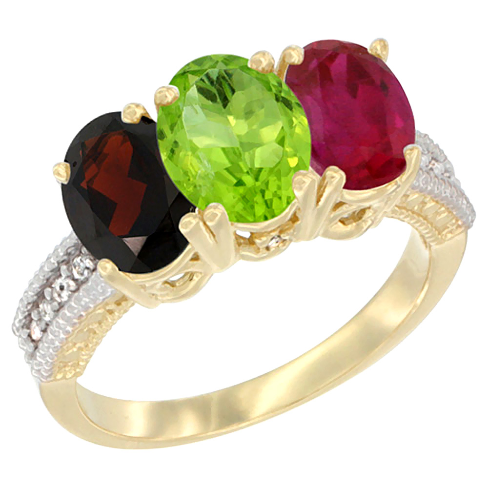 10K Yellow Gold Diamond Natural Garnet, Peridot &amp; Enhanced Ruby Ring 3-Stone 7x5 mm Oval, sizes 5 - 10