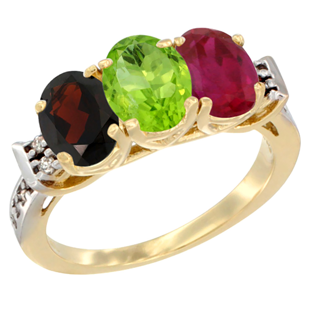 14K Yellow Gold Natural Garnet, Peridot & Enhanced Ruby Ring 3-Stone 7x5 mm Oval Diamond Accent, sizes 5 - 10