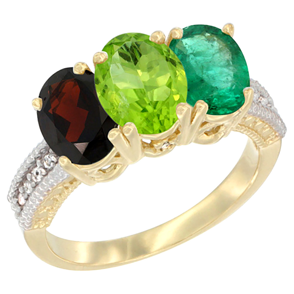 14K Yellow Gold Natural Garnet, Peridot & Emerald Ring 3-Stone 7x5 mm Oval Diamond Accent, sizes 5 - 10