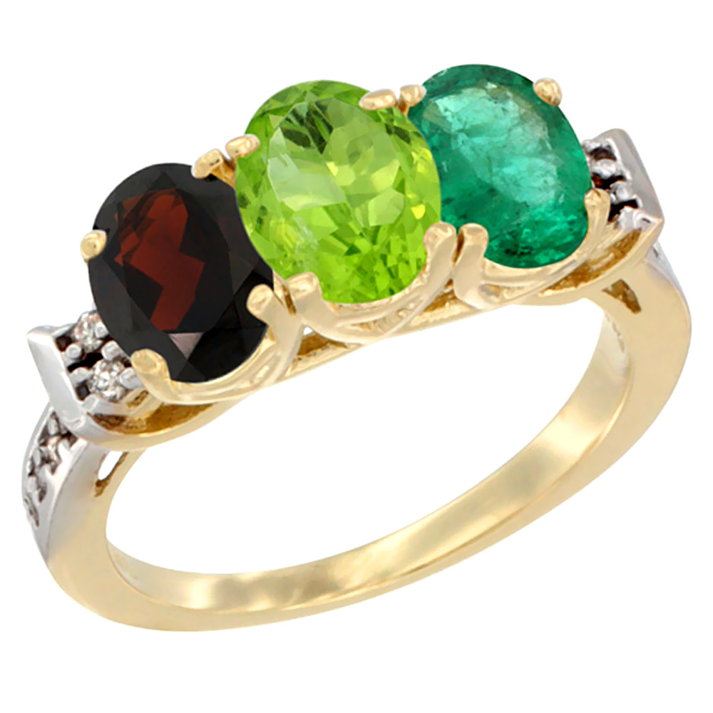 14K Yellow Gold Natural Garnet, Peridot &amp; Emerald Ring 3-Stone 7x5 mm Oval Diamond Accent, sizes 5 - 10