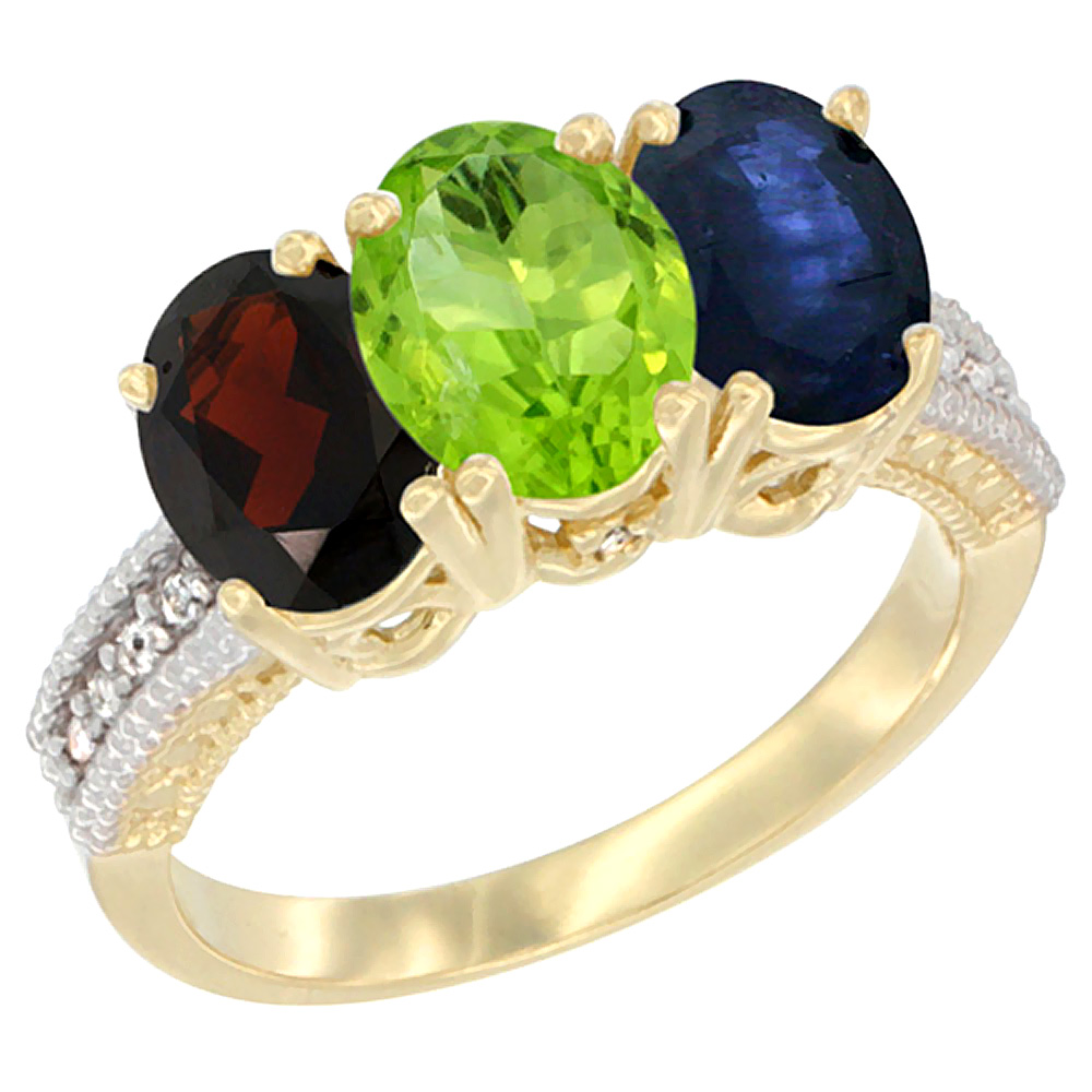 14K Yellow Gold Natural Garnet, Peridot & Blue Sapphire Ring 3-Stone 7x5 mm Oval Diamond Accent, sizes 5 - 10