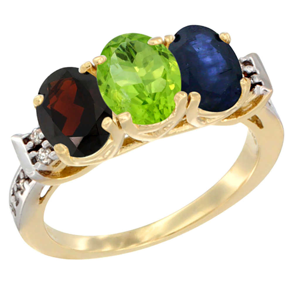 10K Yellow Gold Natural Garnet, Peridot &amp; Blue Sapphire Ring 3-Stone Oval 7x5 mm Diamond Accent, sizes 5 - 10