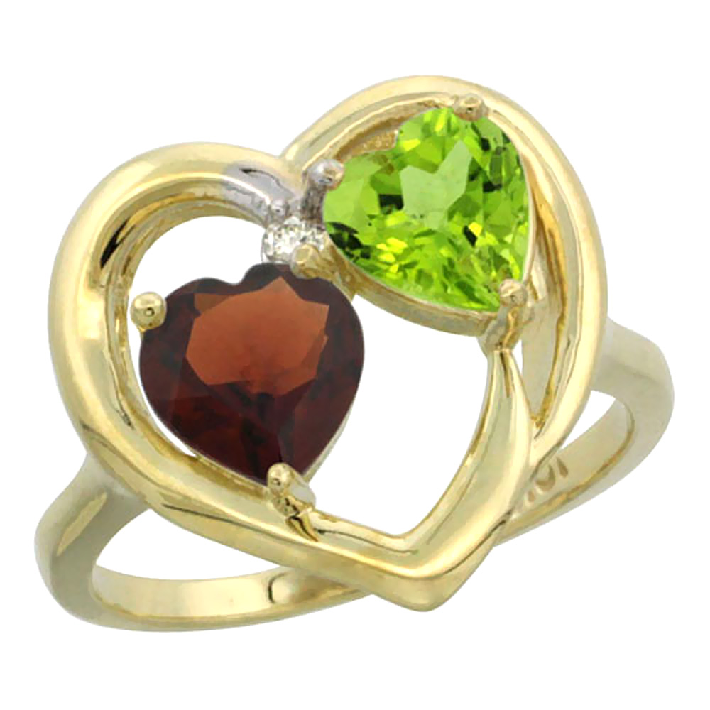 14K Yellow Gold Diamond Two-stone Heart Ring 6mm Natural Garnet & Peridot, sizes 5-10