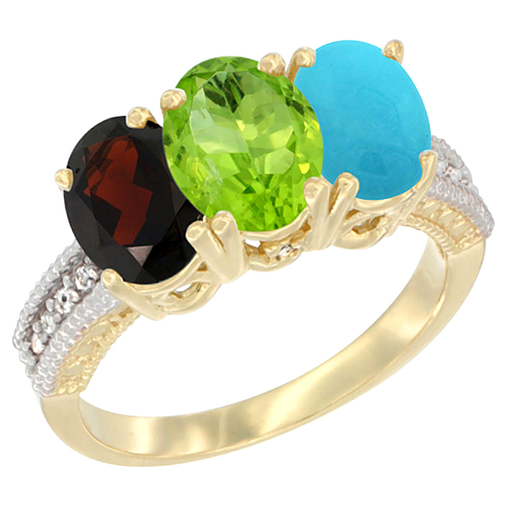 10K Yellow Gold Diamond Natural Garnet, Peridot & Turquoise Ring 3-Stone 7x5 mm Oval, sizes 5 - 10