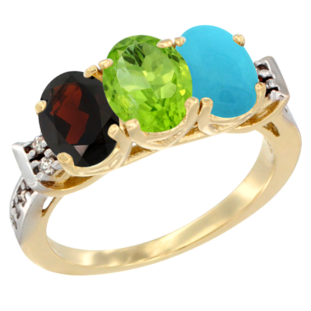 14K Yellow Gold Natural Garnet, Peridot & Turquoise Ring 3-Stone 7x5 mm Oval Diamond Accent, sizes 5 - 10