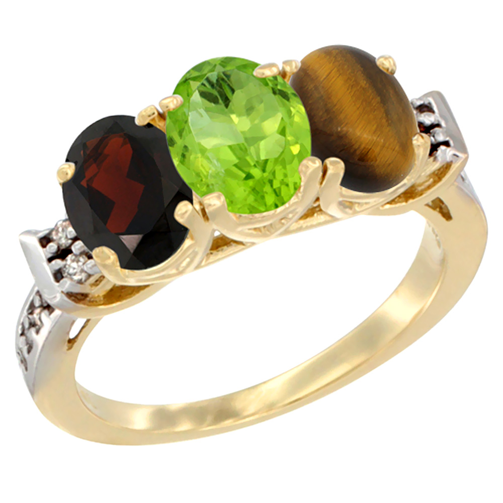 10K Yellow Gold Natural Garnet, Peridot &amp; Tiger Eye Ring 3-Stone Oval 7x5 mm Diamond Accent, sizes 5 - 10