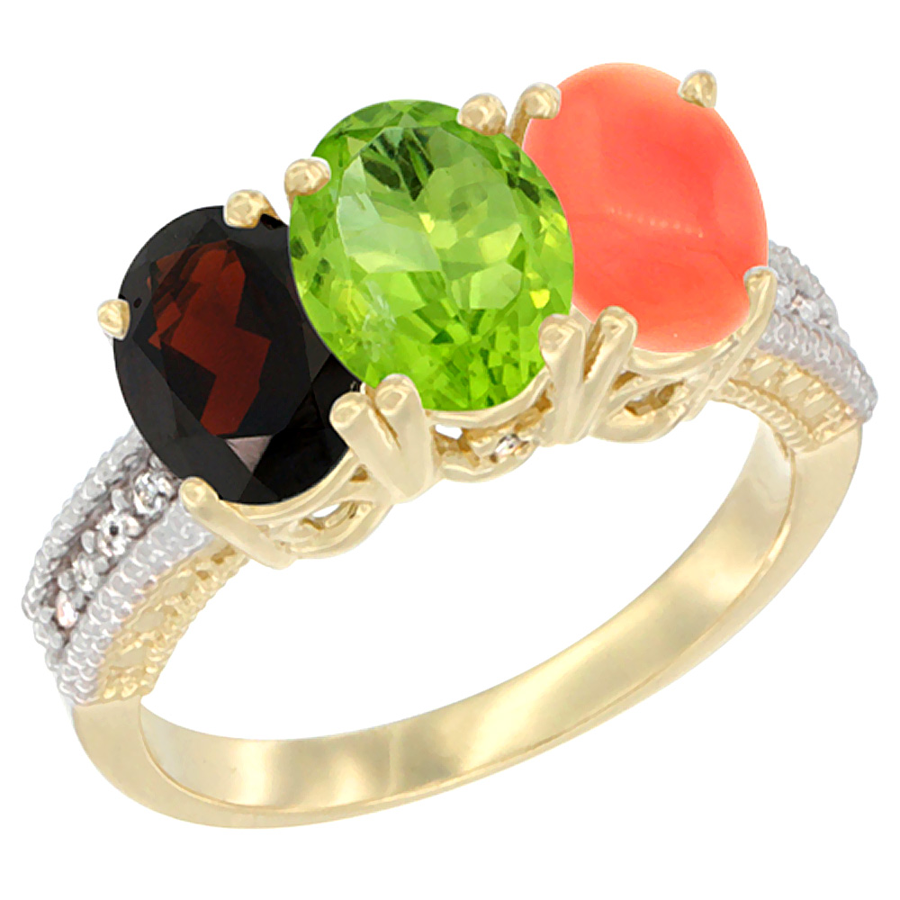 14K Yellow Gold Natural Garnet, Peridot & Coral Ring 3-Stone 7x5 mm Oval Diamond Accent, sizes 5 - 10
