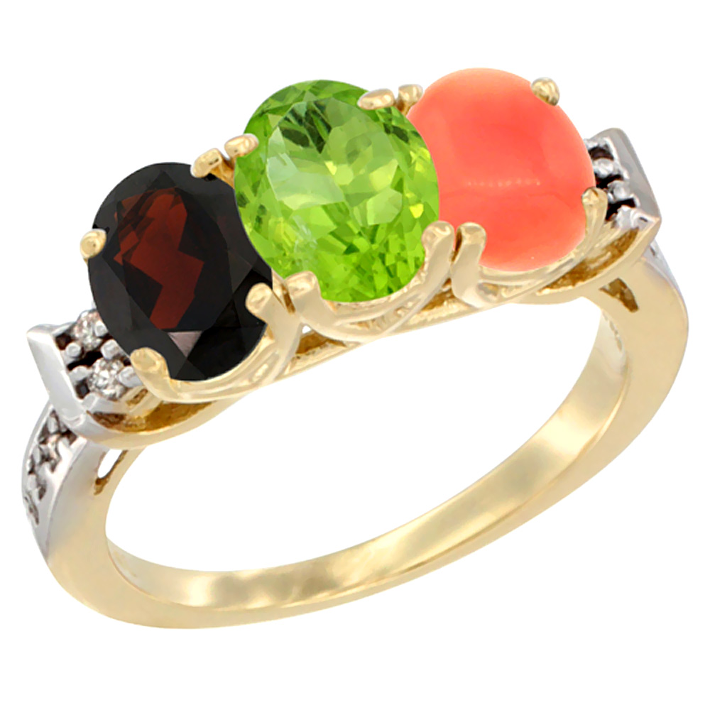 14K Yellow Gold Natural Garnet, Peridot &amp; Coral Ring 3-Stone 7x5 mm Oval Diamond Accent, sizes 5 - 10