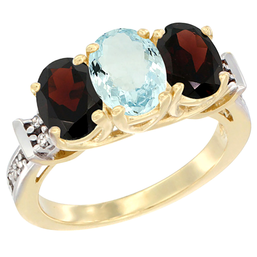 10K Yellow Gold Natural Aquamarine & Garnet Sides Ring 3-Stone Oval Diamond Accent, sizes 5 - 10