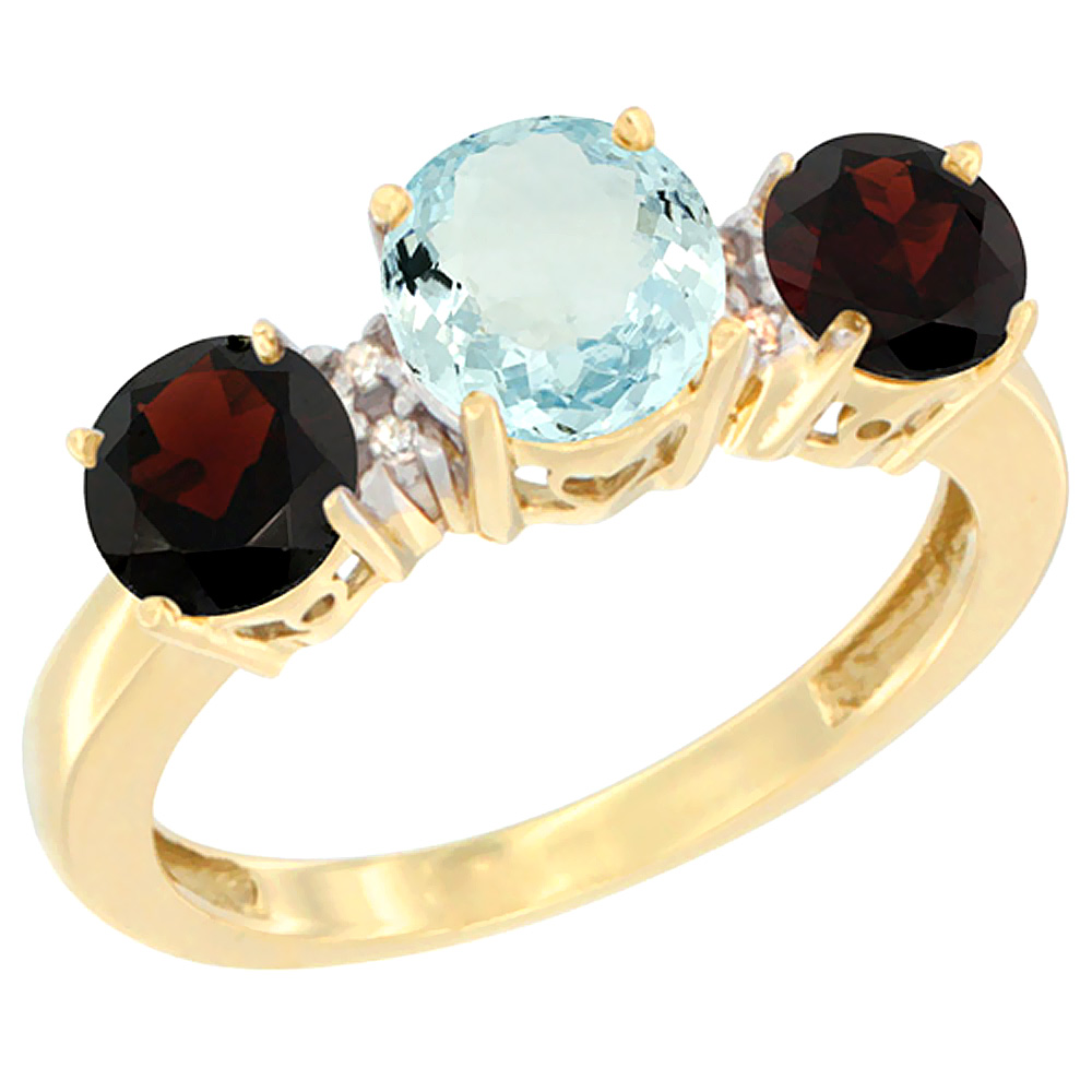 14K Yellow Gold Round 3-Stone Natural Aquamarine Ring &amp; Garnet Sides Diamond Accent, sizes 5 - 10