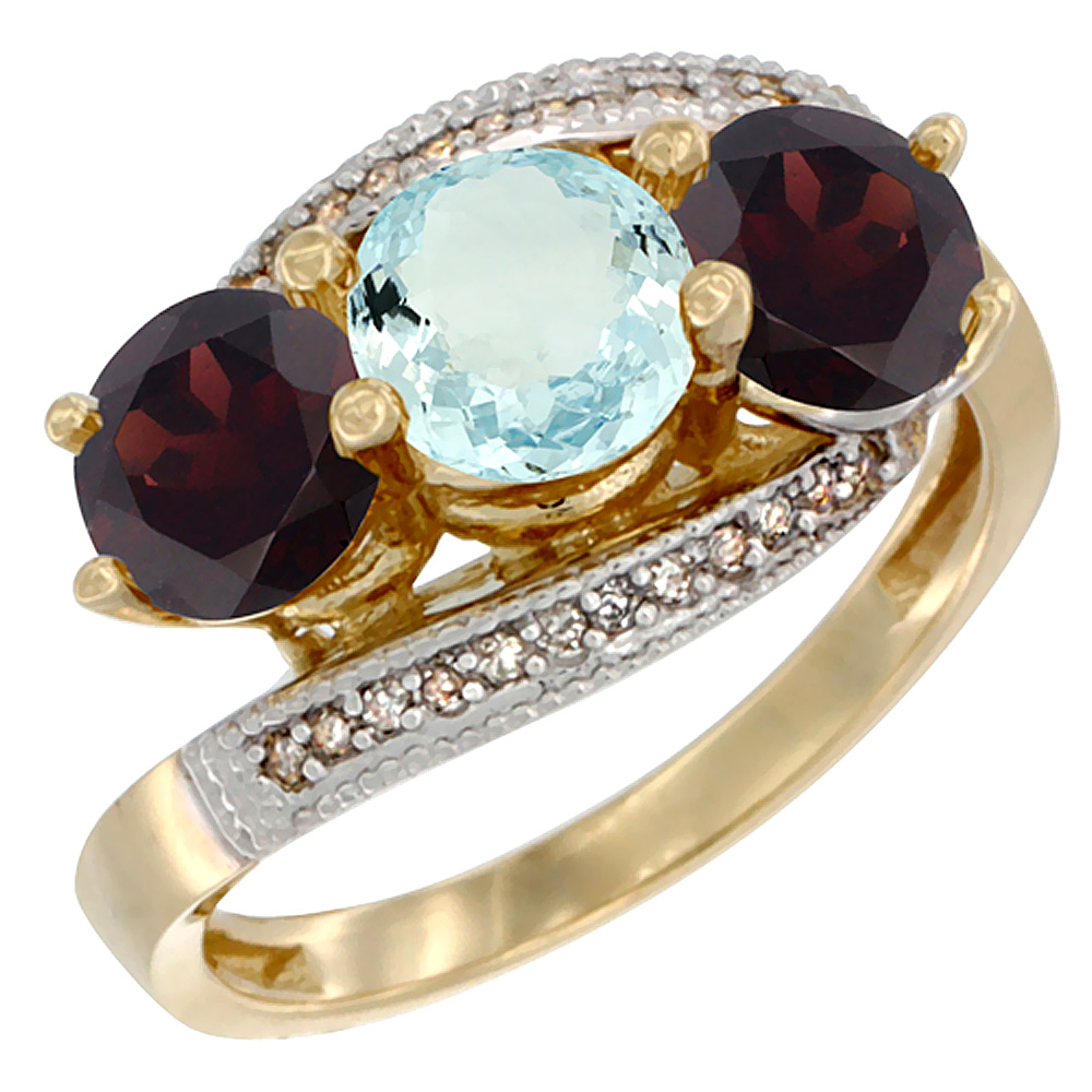 10K Yellow Gold Natural Aquamarine &amp; Garnet Sides 3 stone Ring Round 6mm Diamond Accent, sizes 5 - 10