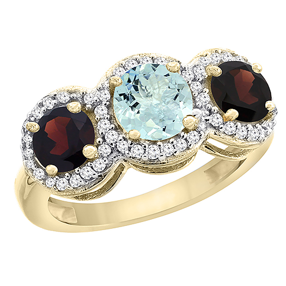 10K Yellow Gold Natural Aquamarine & Garnet Sides Round 3-stone Ring Diamond Accents, sizes 5 - 10