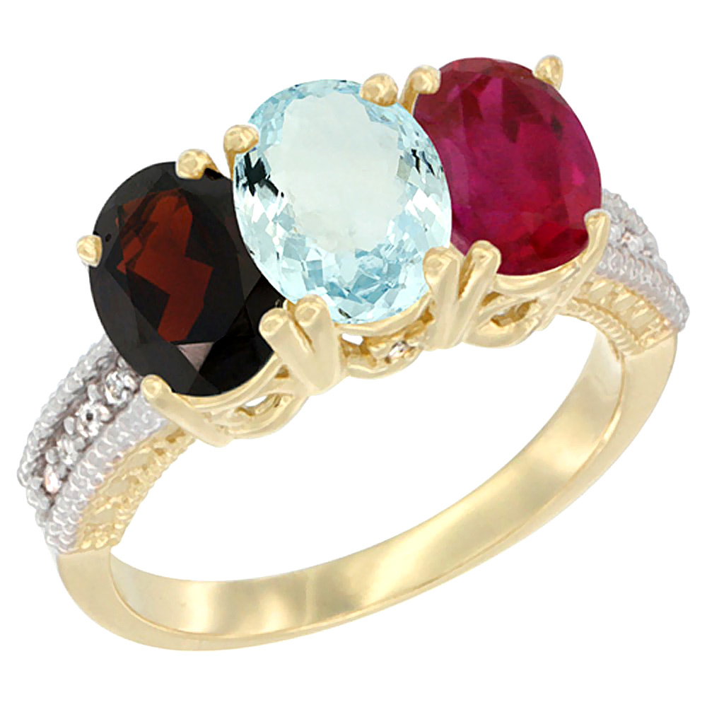 14K Yellow Gold Natural Garnet, Aquamarine &amp; Enhanced Ruby Ring 3-Stone 7x5 mm Oval Diamond Accent, sizes 5 - 10