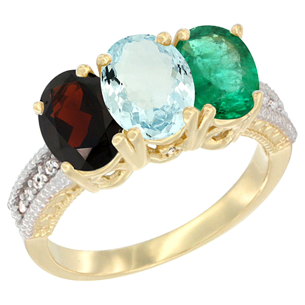 14K Yellow Gold Natural Garnet, Aquamarine &amp; Emerald Ring 3-Stone 7x5 mm Oval Diamond Accent, sizes 5 - 10