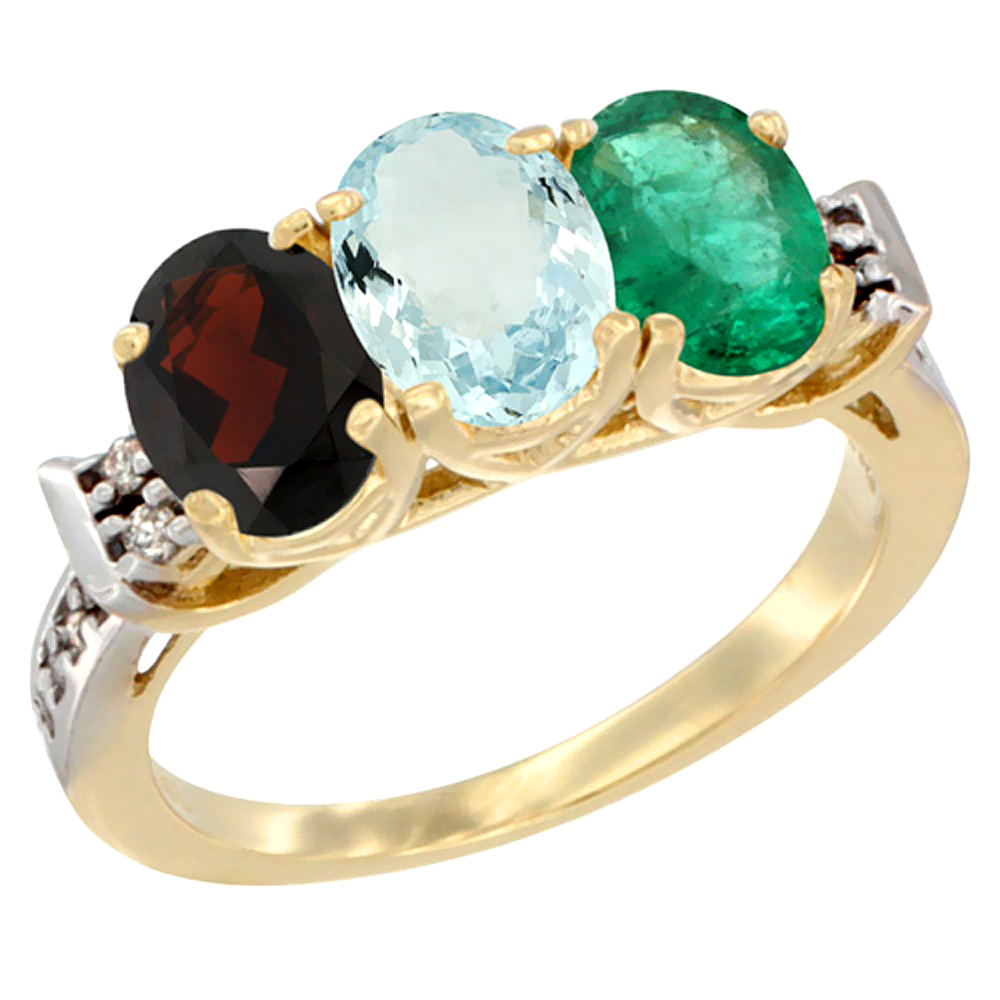 14K Yellow Gold Natural Garnet, Aquamarine & Emerald Ring 3-Stone 7x5 mm Oval Diamond Accent, sizes 5 - 10