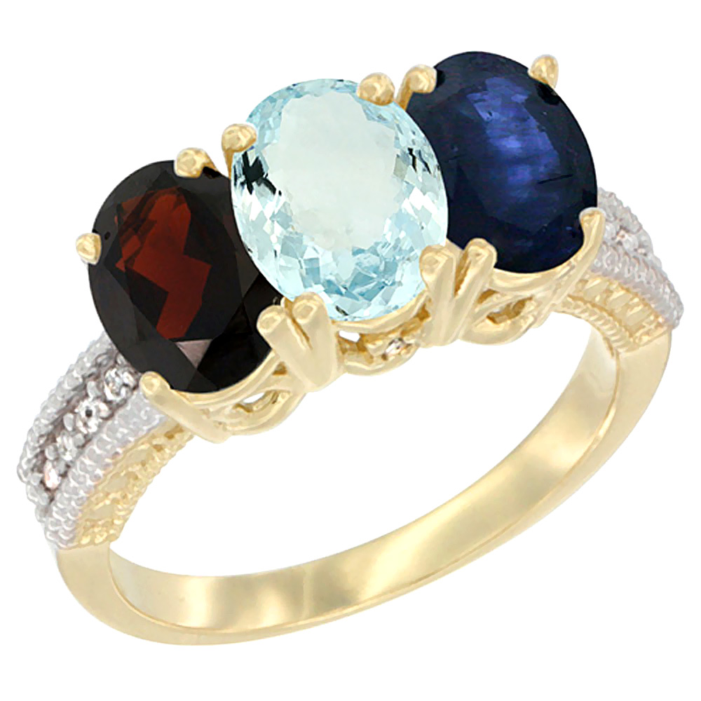 14K Yellow Gold Natural Garnet, Aquamarine & Blue Sapphire Ring 3-Stone 7x5 mm Oval Diamond Accent, sizes 5 - 10