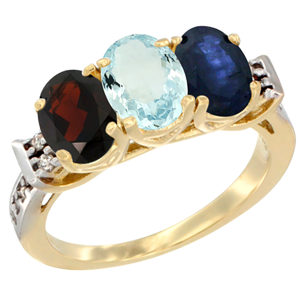 14K Yellow Gold Natural Garnet, Aquamarine & Blue Sapphire Ring 3-Stone 7x5 mm Oval Diamond Accent, sizes 5 - 10