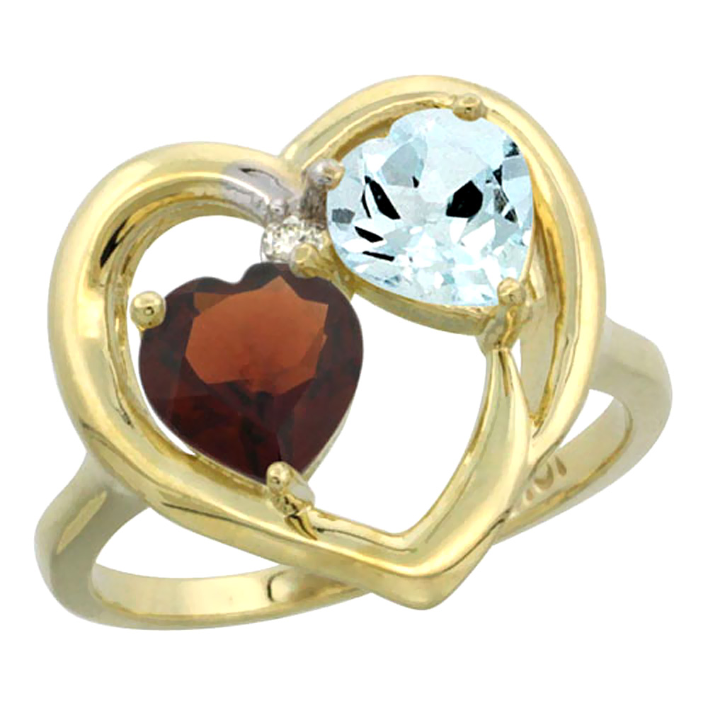 14K Yellow Gold Diamond Two-stone Heart Ring 6mm Natural Garnet & Aquamarine, sizes 5-10