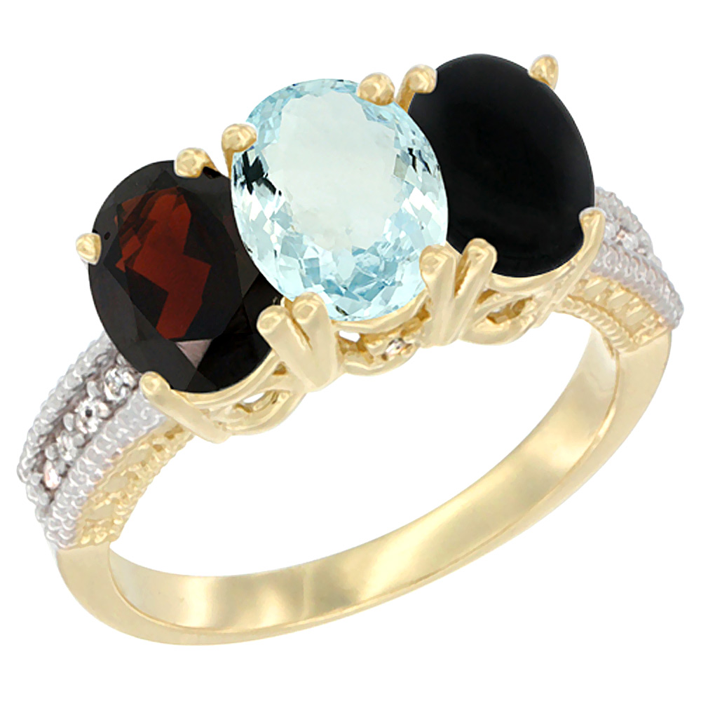 14K Yellow Gold Natural Garnet, Aquamarine & Black Onyx Ring 3-Stone 7x5 mm Oval Diamond Accent, sizes 5 - 10
