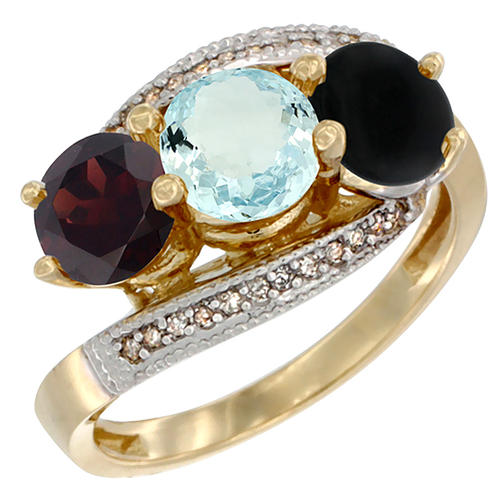 14K Yellow Gold Natural Garnet, Aquamarine & Black Onyx 3 stone Ring Round 6mm Diamond Accent, sizes 5 - 10