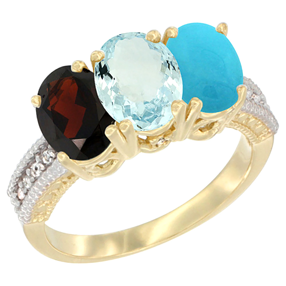10K Yellow Gold Diamond Natural Garnet, Aquamarine &amp; Turquoise Ring 3-Stone 7x5 mm Oval, sizes 5 - 10