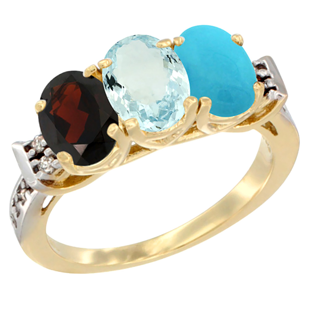 14K Yellow Gold Natural Garnet, Aquamarine & Turquoise Ring 3-Stone 7x5 mm Oval Diamond Accent, sizes 5 - 10