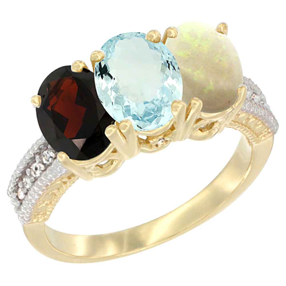 14K Yellow Gold Natural Garnet, Aquamarine & Opal Ring 3-Stone 7x5 mm Oval Diamond Accent, sizes 5 - 10