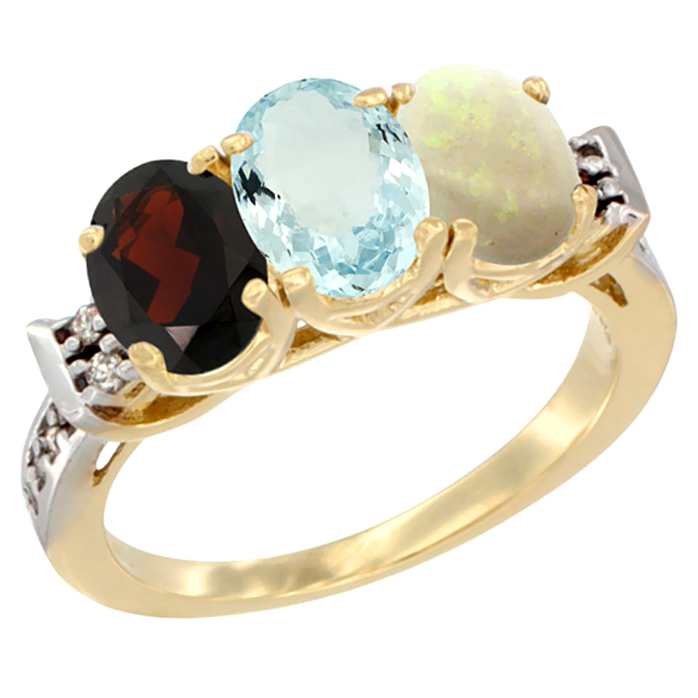 10K Yellow Gold Natural Garnet, Aquamarine &amp; Opal Ring 3-Stone Oval 7x5 mm Diamond Accent, sizes 5 - 10