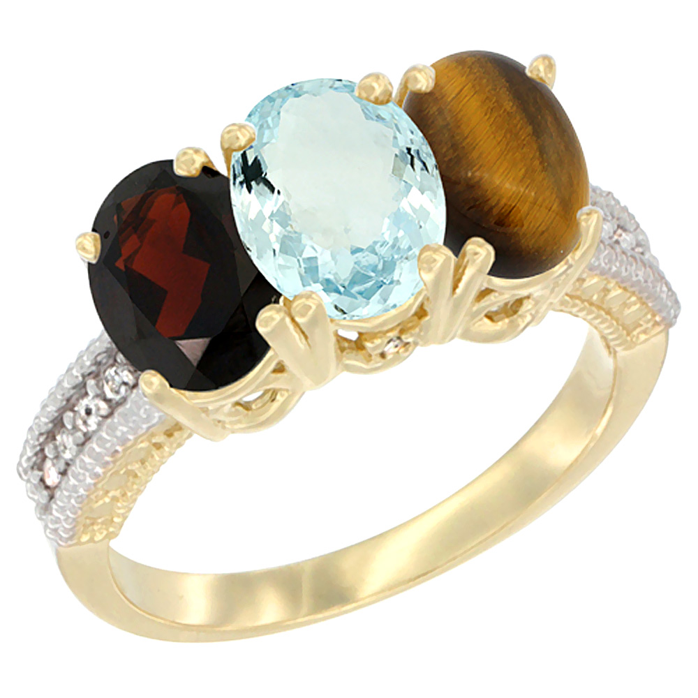 14K Yellow Gold Natural Garnet, Aquamarine & Tiger Eye Ring 3-Stone 7x5 mm Oval Diamond Accent, sizes 5 - 10