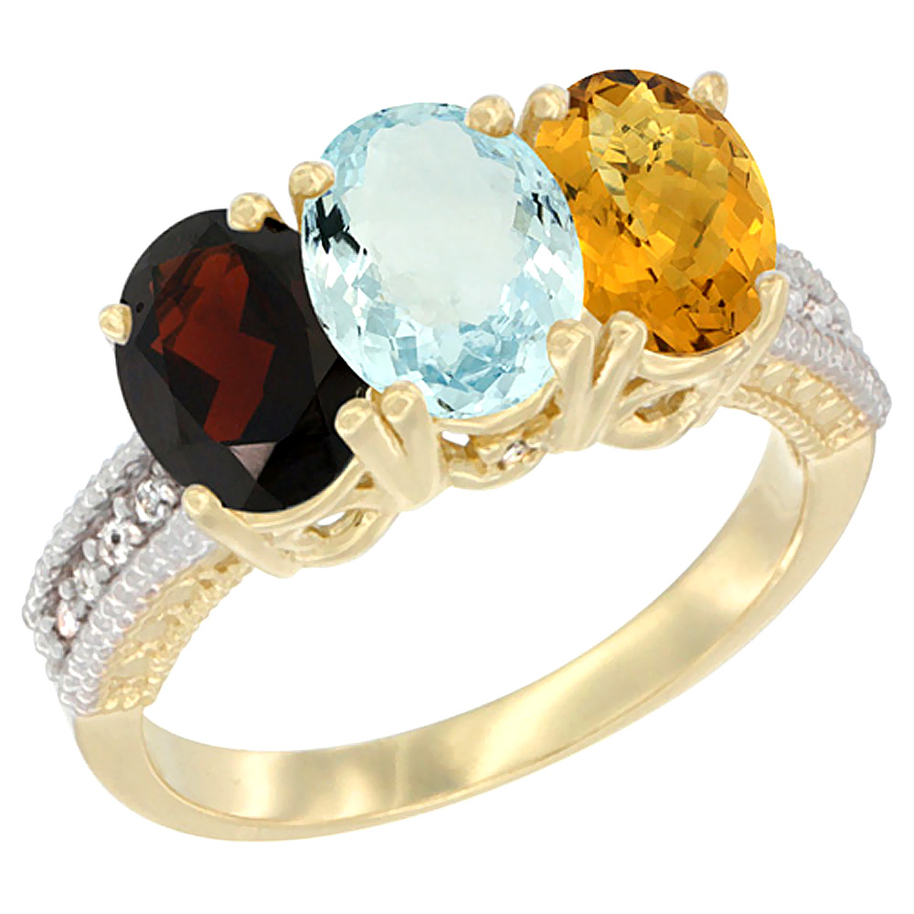 10K Yellow Gold Diamond Natural Garnet, Aquamarine & Whisky Quartz Ring 3-Stone 7x5 mm Oval, sizes 5 - 10