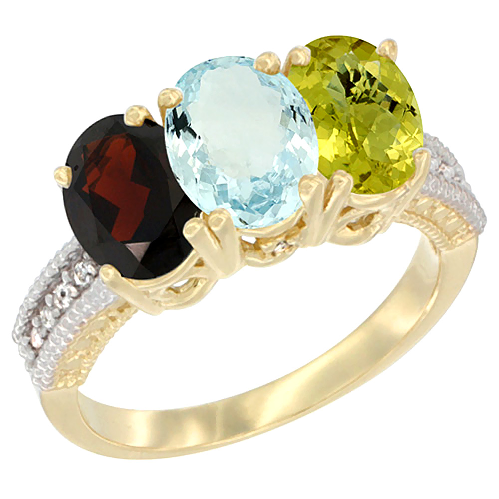 10K Yellow Gold Diamond Natural Garnet, Aquamarine & Lemon Quartz Ring 3-Stone 7x5 mm Oval, sizes 5 - 10