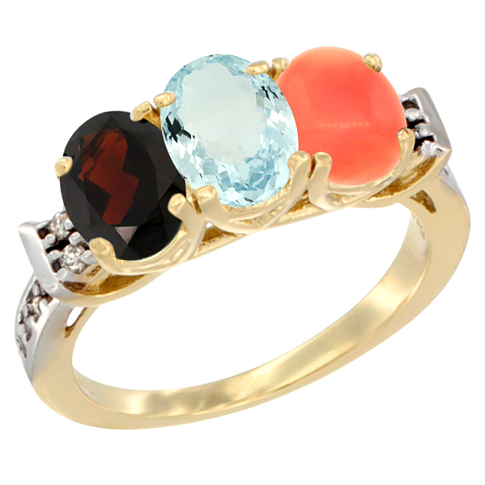 14K Yellow Gold Natural Garnet, Aquamarine &amp; Coral Ring 3-Stone 7x5 mm Oval Diamond Accent, sizes 5 - 10