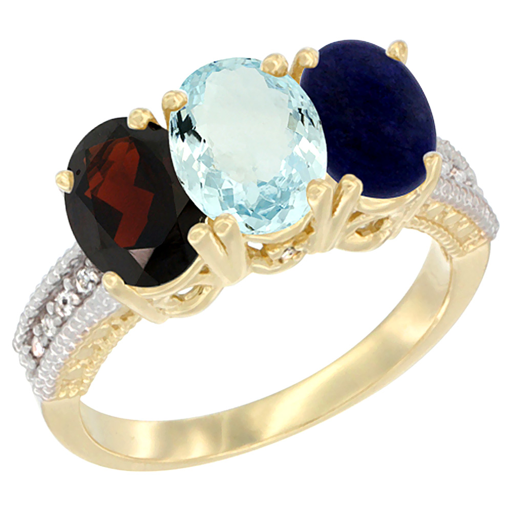 10K Yellow Gold Diamond Natural Garnet, Aquamarine & Lapis Ring 3-Stone 7x5 mm Oval, sizes 5 - 10