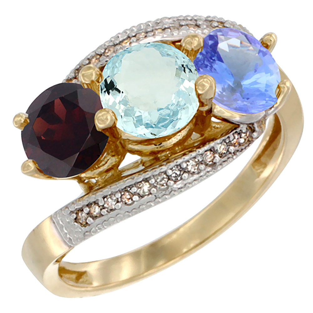 10K Yellow Gold Natural Garnet, Aquamarine & Tanzanite 3 stone Ring Round 6mm Diamond Accent, sizes 5 - 10