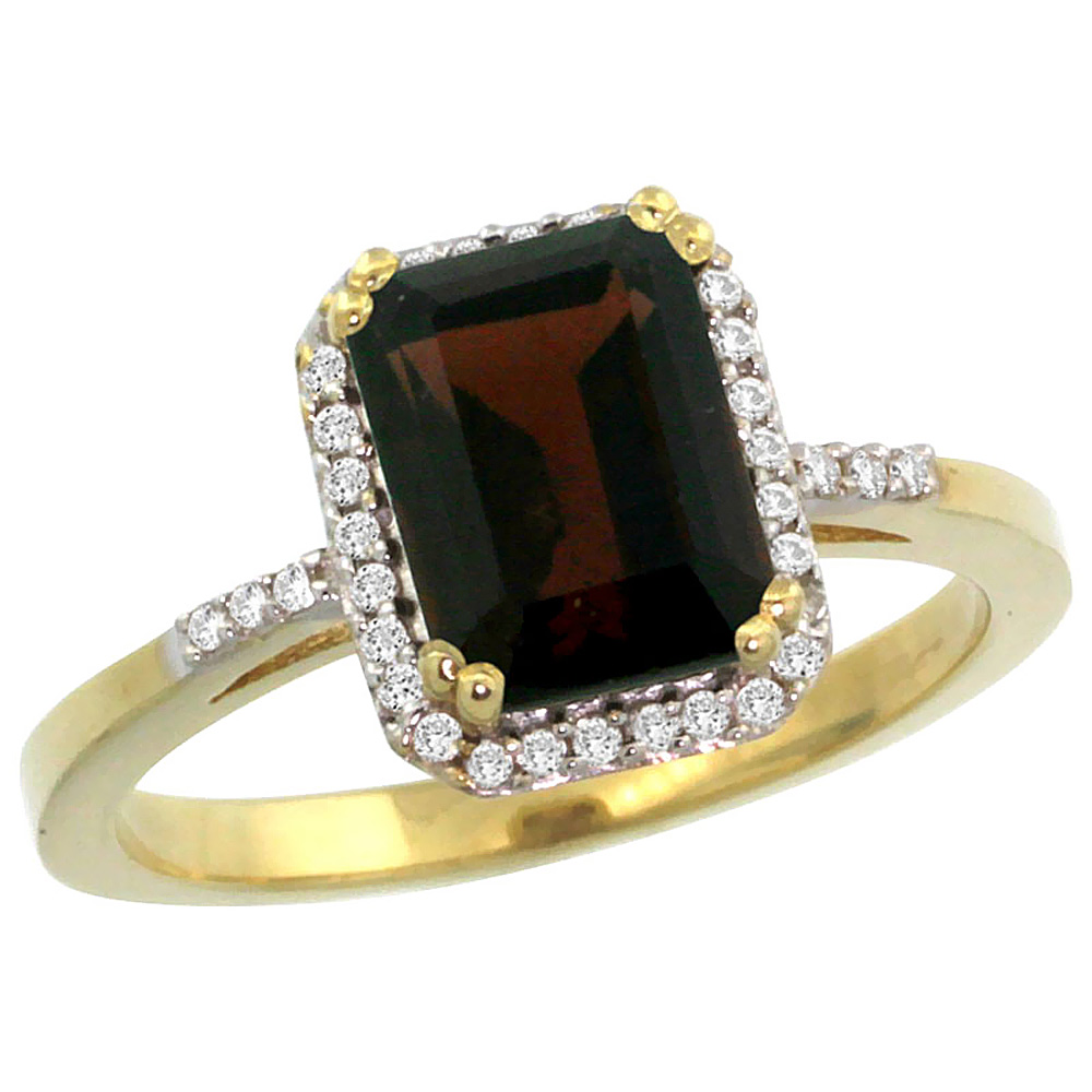 10K Yellow Gold Diamond Natural Garnet Ring Emerald-cut 8x6mm, sizes 5-10