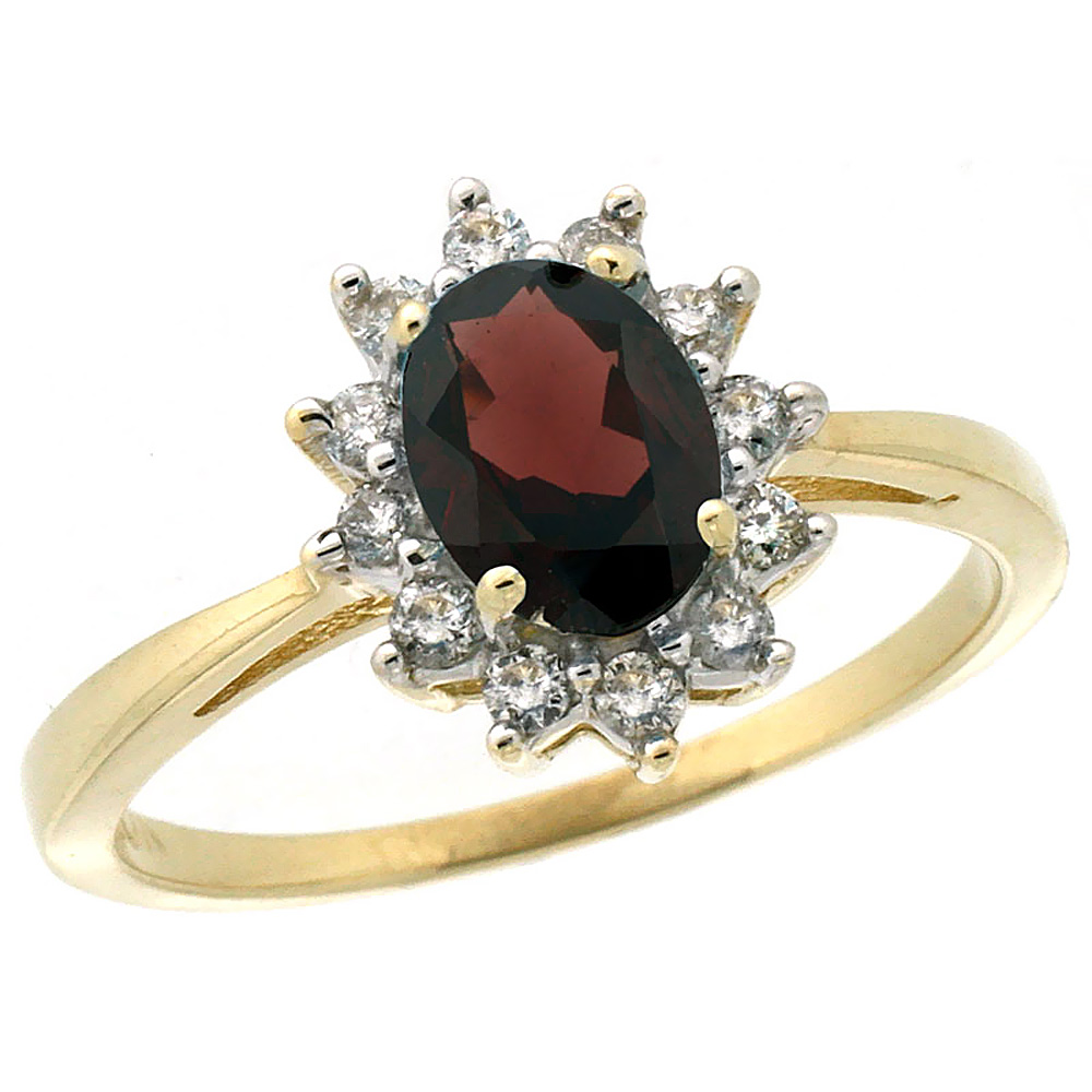 14K Yellow Gold Natural Garnet Engagement Ring Oval 7x5mm Diamond Halo, sizes 5-10
