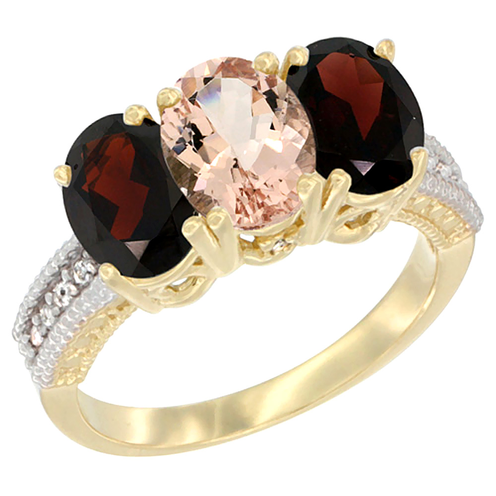 14K Yellow Gold Natural Morganite &amp; Garnet Sides Ring 3-Stone 7x5 mm Oval Diamond Accent, sizes 5 - 10