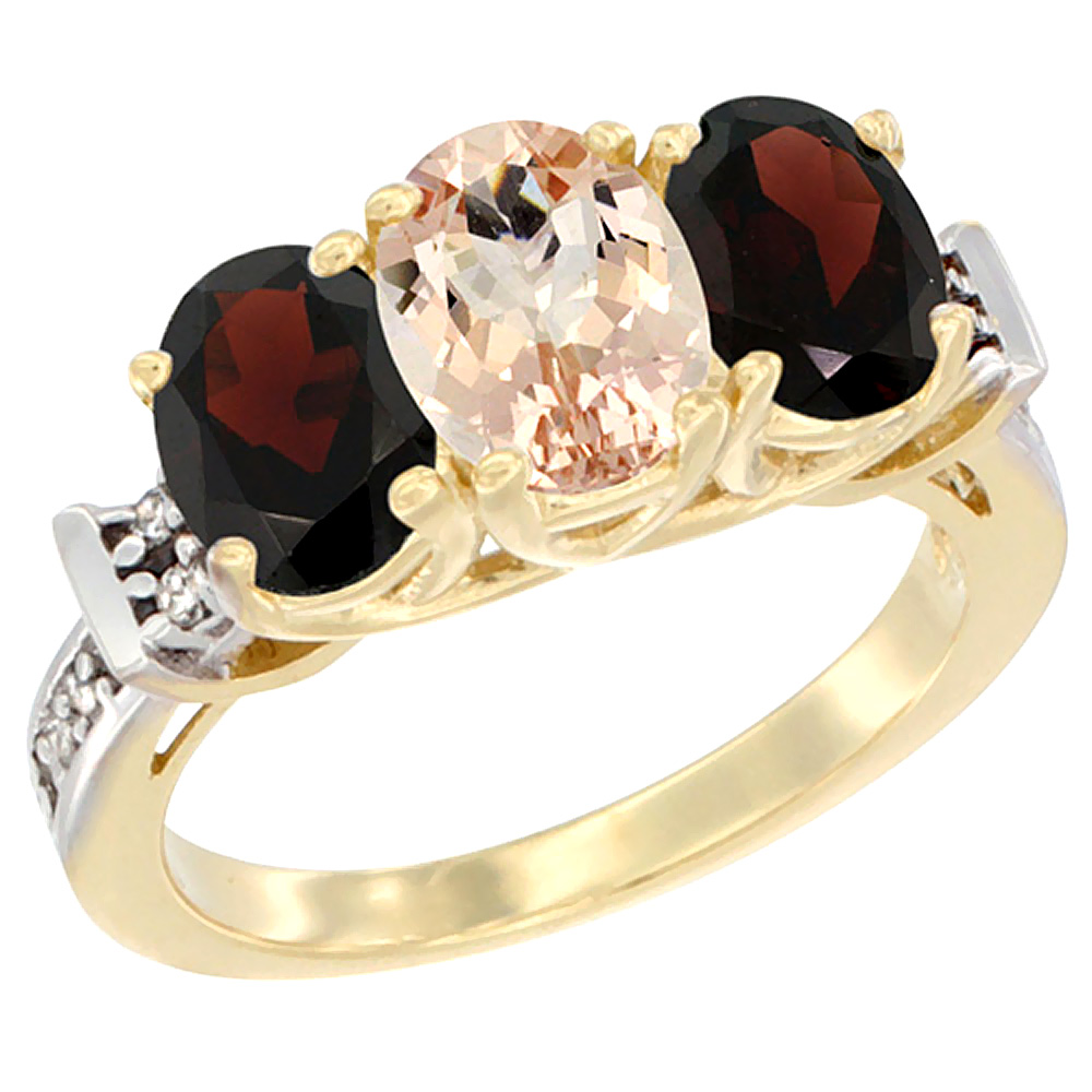 10K Yellow Gold Natural Morganite & Garnet Sides Ring 3-Stone Oval Diamond Accent, sizes 5 - 10