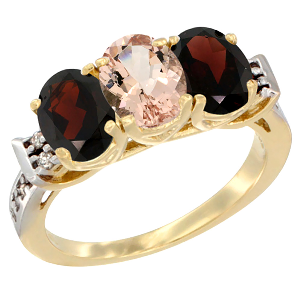 14K Yellow Gold Natural Morganite & Garnet Sides Ring 3-Stone 7x5 mm Oval Diamond Accent, sizes 5 - 10