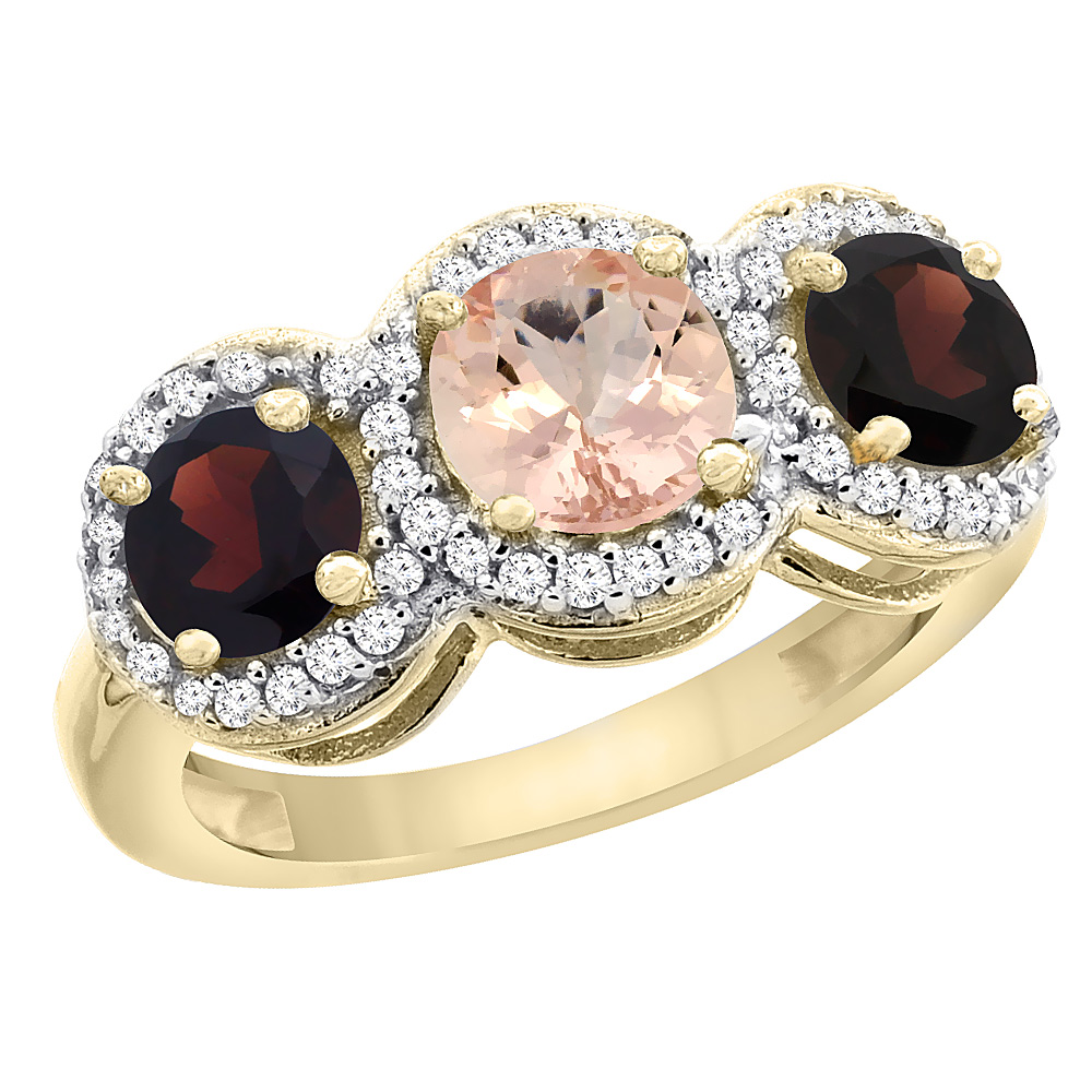 10K Yellow Gold Natural Morganite & Garnet Sides Round 3-stone Ring Diamond Accents, sizes 5 - 10