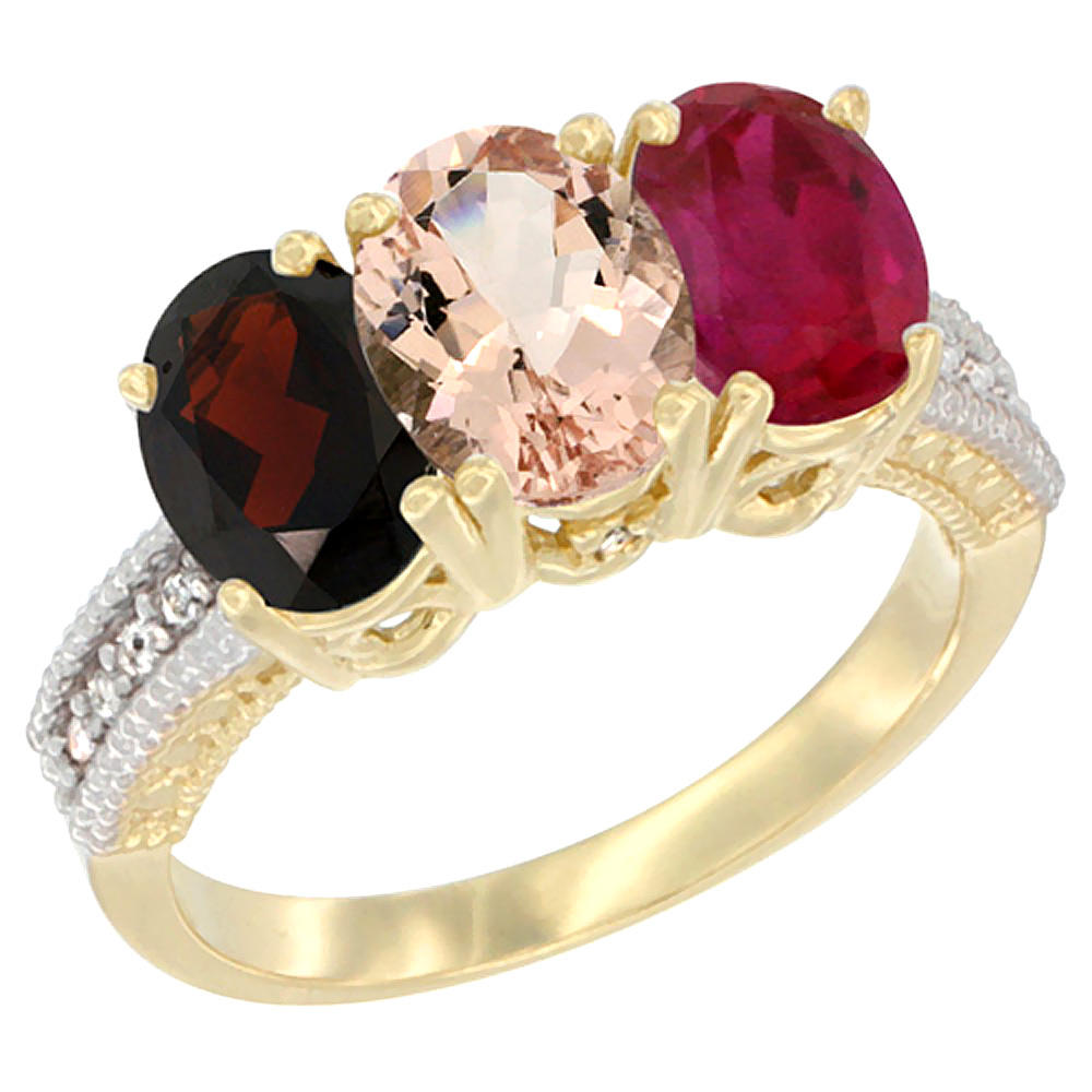10K Yellow Gold Diamond Natural Garnet, Morganite &amp; Enhanced Ruby Ring 3-Stone 7x5 mm Oval, sizes 5 - 10