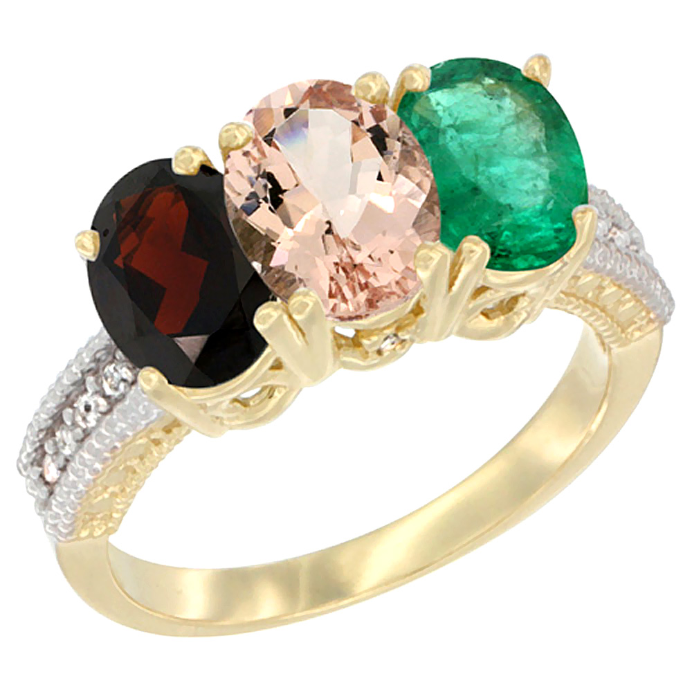 14K Yellow Gold Natural Garnet, Morganite &amp; Emerald Ring 3-Stone 7x5 mm Oval Diamond Accent, sizes 5 - 10
