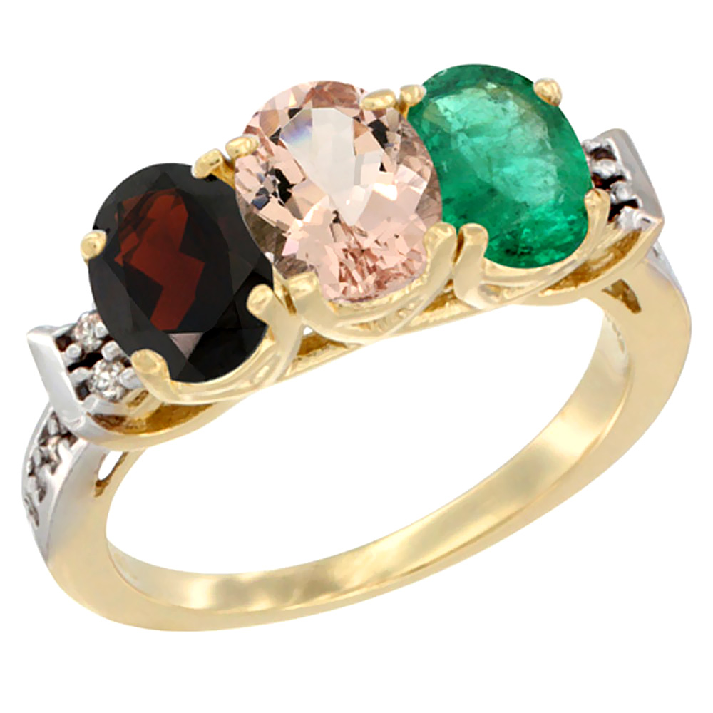 14K Yellow Gold Natural Garnet, Morganite & Emerald Ring 3-Stone 7x5 mm Oval Diamond Accent, sizes 5 - 10