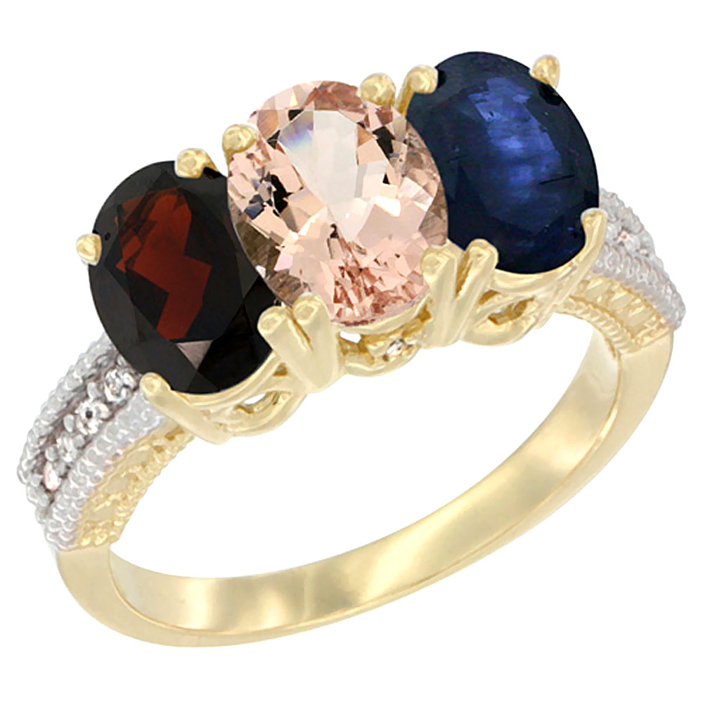 10K Yellow Gold Diamond Natural Garnet, Morganite & Blue Sapphire Ring 3-Stone 7x5 mm Oval, sizes 5 - 10