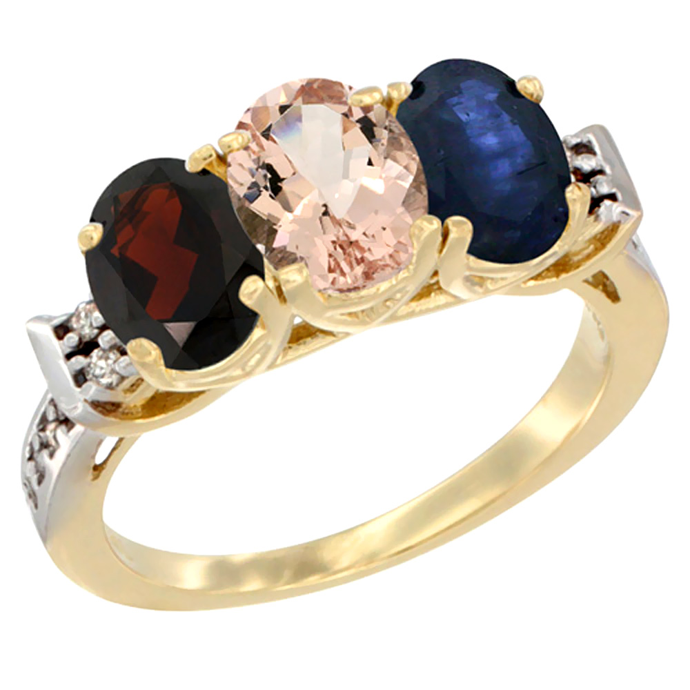 14K Yellow Gold Natural Garnet, Morganite &amp; Blue Sapphire Ring 3-Stone 7x5 mm Oval Diamond Accent, sizes 5 - 10
