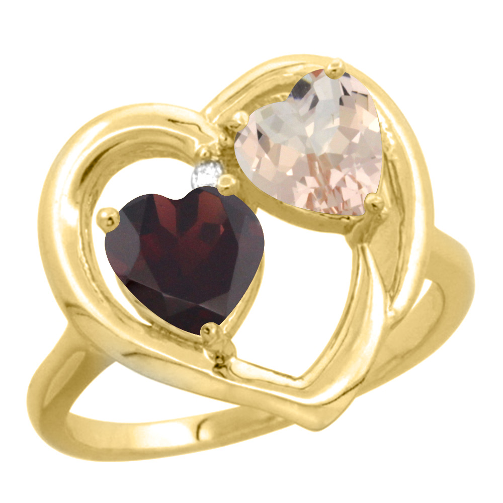 14K Yellow Gold Diamond Two-stone Heart Ring 6mm Natural Garnet &amp; Morganite, sizes 5-10