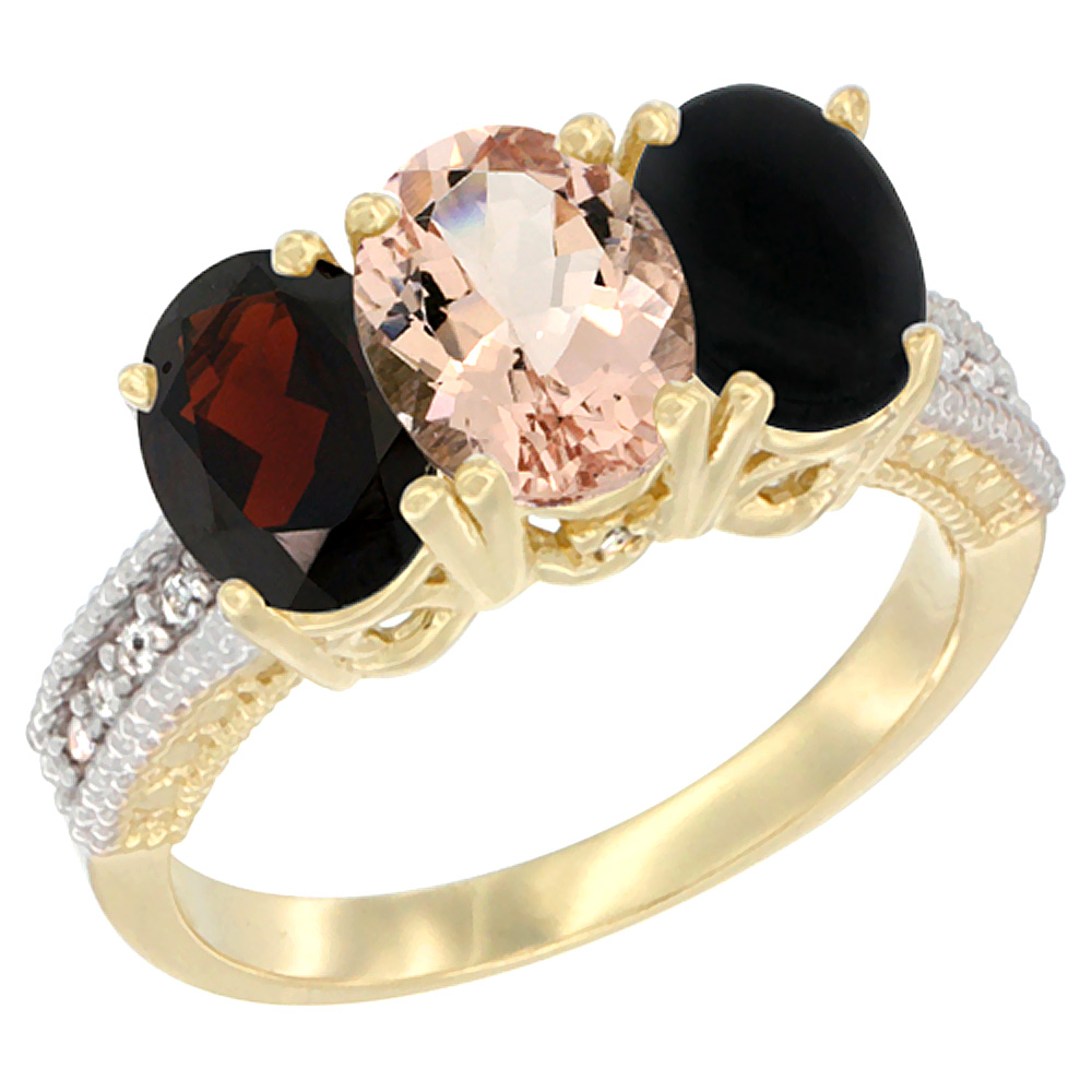 14K Yellow Gold Natural Garnet, Morganite & Black Onyx Ring 3-Stone 7x5 mm Oval Diamond Accent, sizes 5 - 10