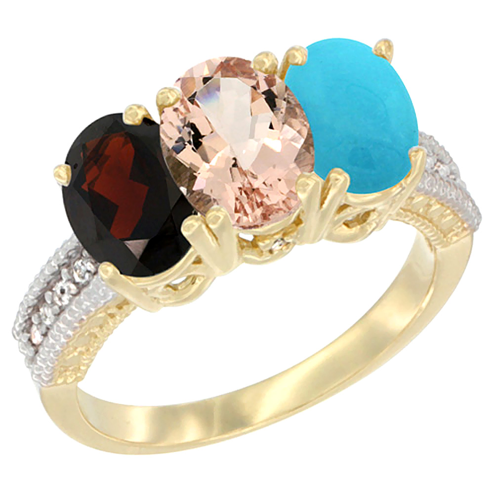 14K Yellow Gold Natural Garnet, Morganite & Turquoise Ring 3-Stone 7x5 mm Oval Diamond Accent, sizes 5 - 10