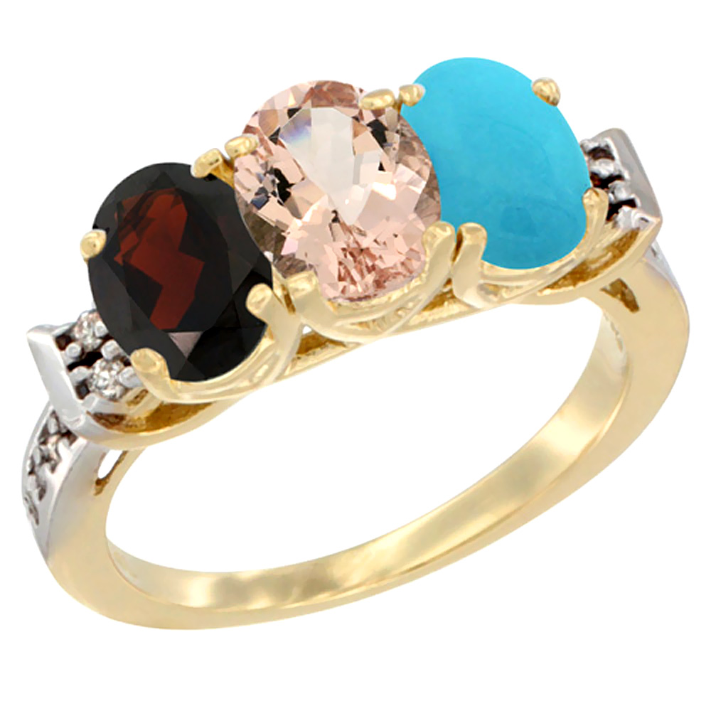 14K Yellow Gold Natural Garnet, Morganite & Turquoise Ring 3-Stone 7x5 mm Oval Diamond Accent, sizes 5 - 10