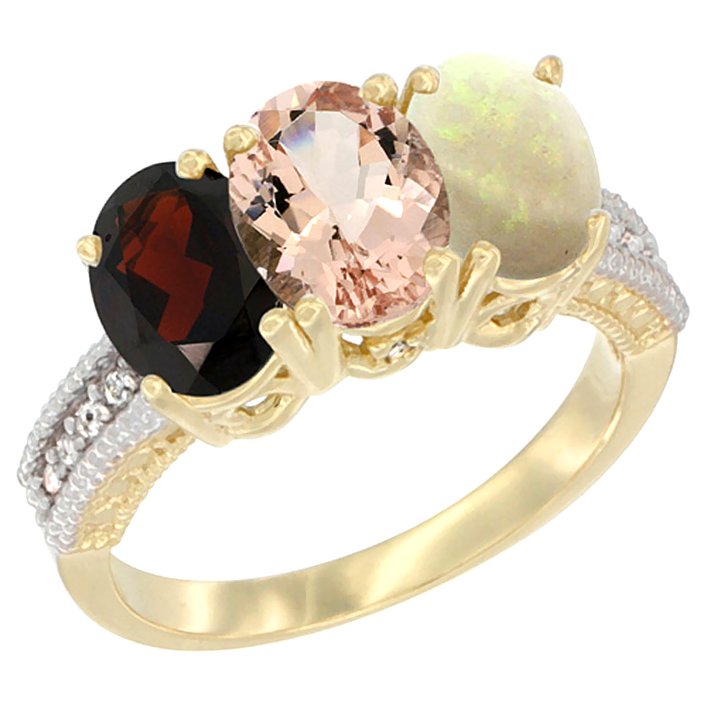 14K Yellow Gold Natural Garnet, Morganite &amp; Opal Ring 3-Stone 7x5 mm Oval Diamond Accent, sizes 5 - 10